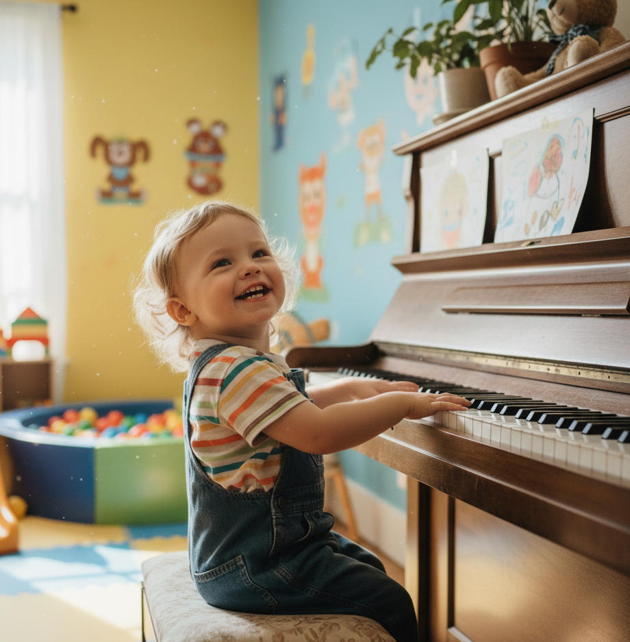 Smiling toddler sitting at a piano